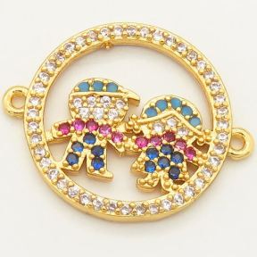 Brass Micro Pave Cubic Zirconia Turquoise Links Connectors,Boy and Girl,Random mixed color,D:18mm,Hole:2mm,about 1.5 g/pc,5 pcs/package,XFCO00147aakl-L002