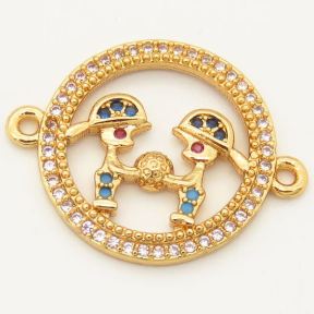 Brass Micro Pave Cubic Zirconia Turquoise Links Connectors,Boy and Girl,Random mixed color,D:18mm,Hole:2mm,about 1.5 g/pc,5 pcs/package,XFCO00152aajl-L002