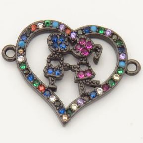 Brass Micro Pave Cubic Zirconia Links Connectors,Heart,Boy and Girl,Random mixed color,W:18mm,Hole:2mm,about 1.5 g/pc,5 pcs/package,XFCO00157baka-L002