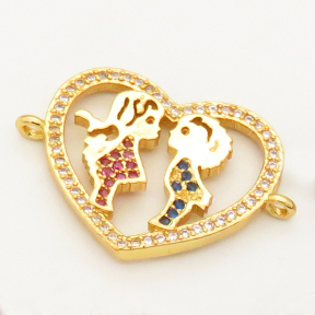 Brass Micro Pave Cubic Zirconia Links Connectors,Heart,Boy and Girl,Random mixed color,18x22mm,Hole:2mm,about 2.5 g/pc,5 pcs/package,XFCO00162baka-L002
