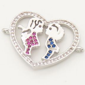 Brass Micro Pave Cubic Zirconia Links Connectors,Heart,Boy and Girl,Random mixed color,18x22mm,Hole:2mm,about 2.5 g/pc,5 pcs/package,XFCO00162baka-L002
