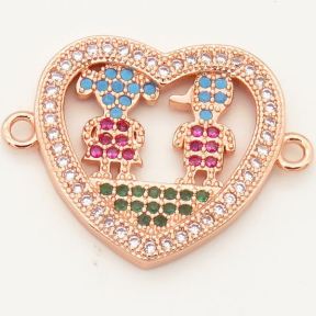 Brass Micro Pave Cubic Zirconia Turquoise Links Connectors,Heart,Boy and Girl,Random mixed color,W:20mm,Hole:2mm,about 3 g/pc,5 pcs/package,XFCO00167ablb-L002