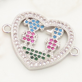 Brass Micro Pave Cubic Zirconia Turquoise Links Connectors,Heart,Boy and Girl,Random mixed color,W:20mm,Hole:2mm,about 3 g/pc,5 pcs/package,XFCO00167ablb-L002
