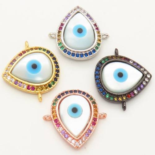 Brass Micro Pave Cubic Zirconia Shell Links Connectors,Drop,Devil's eye,Random mixed color,16x13mm,Hole:2mm,about 1.5 g/pc,5 pcs/package,XFCO00177ablb-L002