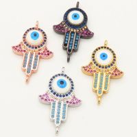Brass Micro Pave Cubic Zirconia Enamel Turquoise Links Connectors,Palm,Devil's eye,Random mixed color,20x17mm,Hole:2mm,about 2 g/pc,5 pcs/package,XFCO00182ablb-L002
