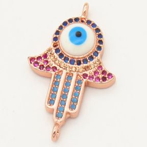 Brass Micro Pave Cubic Zirconia Enamel Turquoise Links Connectors,Palm,Devil's eye,Random mixed color,20x17mm,Hole:2mm,about 2 g/pc,5 pcs/package,XFCO00182ablb-L002
