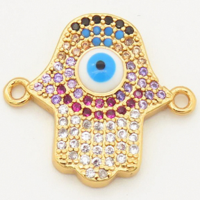 Brass Micro Pave Cubic Zirconia Enamel Turquoise Links Connectors,Palm,Devil's eye,Random mixed color,18x15mm,Hole:2mm,about 2 g/pc,5 pcs/package,XFCO00187ablb-L002