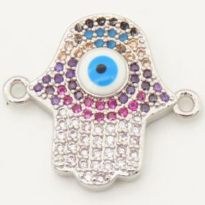 Brass Micro Pave Cubic Zirconia Enamel Turquoise Links Connectors,Palm,Devil's eye,Random mixed color,18x15mm,Hole:2mm,about 2 g/pc,5 pcs/package,XFCO00187ablb-L002