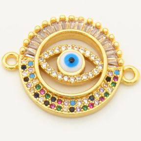 Brass Micro Pave Cubic Zirconia Enamel Links Connectors,Flat Round,Devil's eye,Random mixed color,D:18mm,Hole:2mm,about 3 g/pc,5 pcs/package,XFCO00192vbll-L002