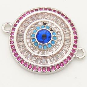 Brass Micro Pave Cubic Zirconia Enamel Turquoise Links Connectors,Flat Round,Devil's eye,Random mixed color,D:18mm,Hole:2mm,about 3 g/pc,5 pcs/package,XFCO00200vbnb-L002