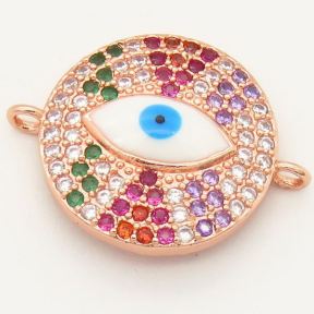 Brass Micro Pave Cubic Zirconia Enamel Links Connectors,Flat Round,Devil's eye,Random mixed color,D:16mm,Hole:2mm,about 2 g/pc,5 pcs/package,XFCO00210ablb-L002