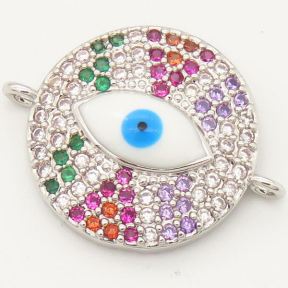 Brass Micro Pave Cubic Zirconia Enamel Links Connectors,Flat Round,Devil's eye,Random mixed color,D:16mm,Hole:2mm,about 2 g/pc,5 pcs/package,XFCO00210ablb-L002