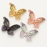 Brass Micro Pave Cubic Zirconia Links Connectors,Butterfly,Random mixed color,15x20mm,Hole:2mm,about 1.5 g/pc,5 pcs/package,XFCO00286aajl-L002