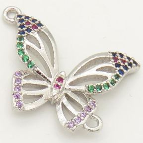 Brass Micro Pave Cubic Zirconia Links Connectors,Butterfly,Random mixed color,15x20mm,Hole:2mm,about 1.5 g/pc,5 pcs/package,XFCO00286aajl-L002