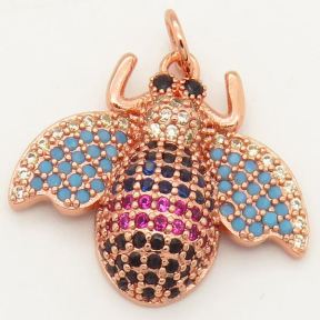 Brass Micro Pave Cubic Zirconia Turquoise Pendants,Bee,Random mixed color,18x22mm,Hole:2mm,about 2.5 g/pc,5 pcs/package,XFCO00300bbov-L002