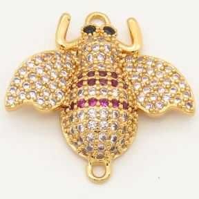 Brass Micro Pave Cubic Zirconia Links Connectors,Bee,Random mixed color,18x22mm,Hole:2mm,about 2.5 g/pc,5 pcs/package,XFCO00312vbmb-L002