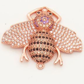 Brass Micro Pave Cubic Zirconia Links Connectors,Bee,Random mixed color,22x30mm,Hole:2mm,about 4 g/pc,5 pcs/package,XFCO00318bhva-L002