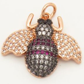 Brass Micro Pave Cubic Zirconia Pendants,Bee,Random mixed color,18x22mm,Hole:2mm,about 2.5 g/pc,5 pcs/package,XFCO00323vbnb-L002