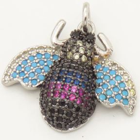 Brass Micro Pave Cubic Zirconia Pendants,Bee,Random mixed color,18x22mm,Hole:2mm,about 2.5 g/pc,5 pcs/package,XFCO00323vbnb-L002