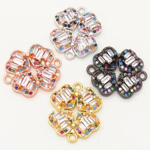 Brass Micro Pave Cubic Zirconia Links Connectors,Four leaf clover,Random mixed color,H:20mm,Hole:2mm,about 3.5 g/pc,5 pcs/package,XFCO00348vbll-L002