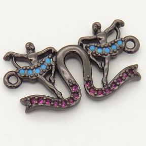 Brass Micro Pave Cubic Zirconia Turquoise Links Connectors,Dancing girl,Random mixed color,13x20mm,Hole:2mm,about 2 g/pc,5 pcs/package,XFCO00353baka-L002