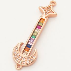 Brass Micro Pave Cubic Zirconia Links Connectors,Stars and moon,Random mixed color,33x10mm,Hole:2mm,about 2.5 g/pc,5 pcs/package,XFCO00367ablb-L002