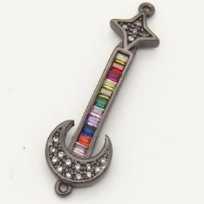 Brass Micro Pave Cubic Zirconia Links Connectors,Stars and moon,Random mixed color,33x10mm,Hole:2mm,about 2.5 g/pc,5 pcs/package,XFCO00367ablb-L002
