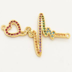Brass Micro Pave Cubic Zirconia Turquoise Links Connectors,Heart Electrocardiogram,Random mixed color,23x33mm,Hole:2mm,about 2 g/pc,5 pcs/package,XFCO00372aakl-L002