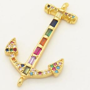 Brass Micro Pave Cubic Zirconia Links Connectors,Anchor,Random mixed color,28x18mm,Hole:2mm,about 2.5 g/pc,5 pcs/package,XFCO00385ablb-L002
