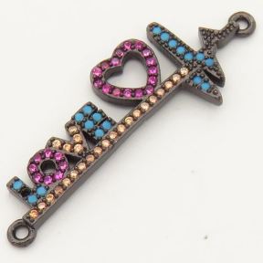 Brass Micro Pave Cubic Zirconia Turquoise Links Connectors,Heart Electrocardiogram,LOVE,Random mixed color,13x33mm,Hole:2mm,about 2 g/pc,5 pcs/package,XFCO00389aakl-L002