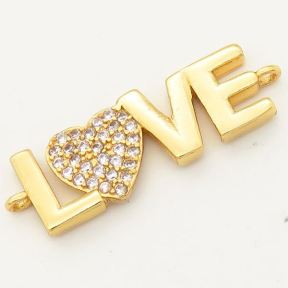 Brass Micro Pave Cubic Zirconia Links Connectors,LOVE,Random mixed color,9x23mm,Hole:2mm,about 2 g/pc,5 pcs/package,XFCO00394aajl-L002
