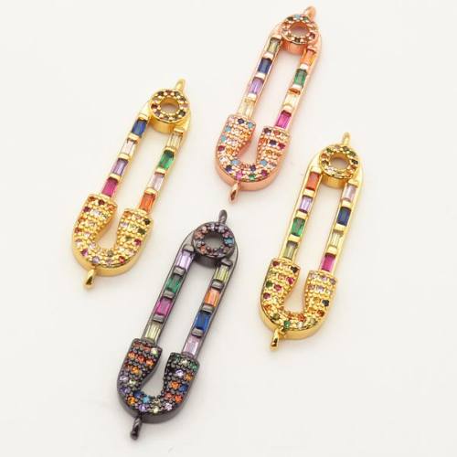 Brass Micro Pave Cubic Zirconia Links Connectors,Paper Clip,Random mixed color,30x10mm,Hole:2mm,about 2.5 g/pc,5 pcs/package,XFCO00409ablb-L002