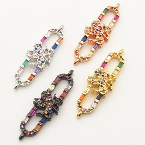 Brass Micro Pave Cubic Zirconia Links Connectors,Paper clip Cupid's Arrow,Random mixed color,30x10mm,Hole:2mm,about 2.5 g/pc,5 pcs/package,XFCO00414ablb-L002