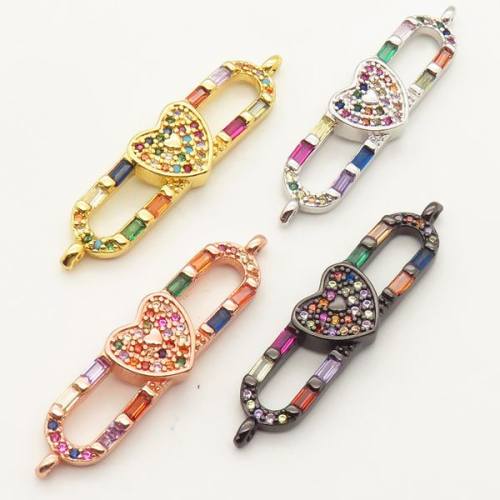 Brass Micro Pave Cubic Zirconia Links Connectors,Paper clip Heart,Random mixed color,30x10mm,Hole:2mm,about 2.5 g/pc,5 pcs/package,XFCO00419ablb-L002