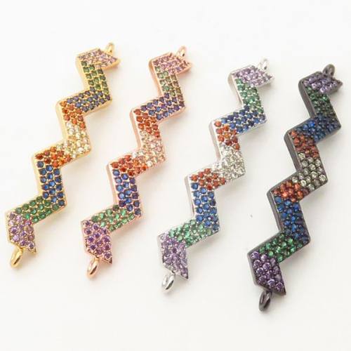 Brass Micro Pave Cubic Zirconia Links Connectors,Wave,Random mixed color,8x35mm,Hole:2mm,about 1.5 g/pc,5 pcs/package,XFCO00434bbml-L002