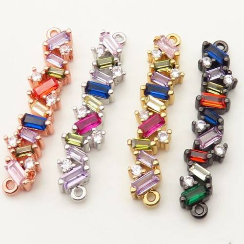Brass Cubic Zirconia Links Connectors,Strip,Random mixed color,7x27mm,Hole:2mm,about 1.5 g/pc,5 pcs/package,XFCO00439baka-L002