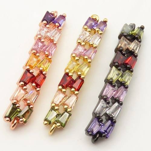 Brass Cubic Zirconia Links Connectors,Strip,Random mixed color,7x35mm,Hole:2mm,about 3 g/pc,5 pcs/package,XFCO00449ablb-L002
