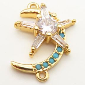 Brass Micro Pave Cubic Zirconia Turquoise Links Connectors,Stars and moon,Random mixed color,17x15mm,Hole:2mm,about 2 g/pc,5 pcs/package,XFCO00453aajl-L002