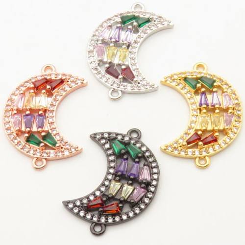 Brass Micro Pave Cubic Zirconia Links Connectors,Moon,Random mixed color,20x16mm,Hole:2mm,about 2 g/pc,5 pcs/package,XFCO00462ablb-L002