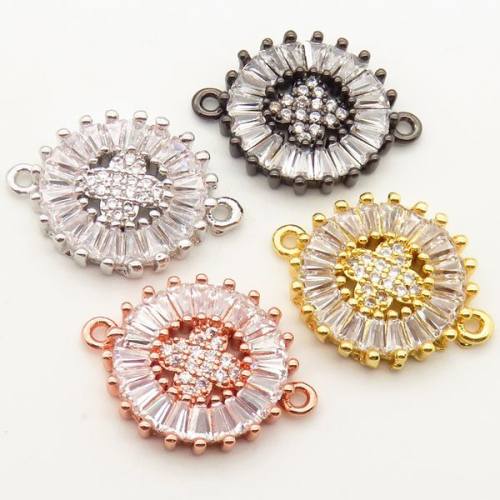 Brass Micro Pave Cubic Zirconia Links Connectors,Flat Round,Four leaf clover,Random mixed color,D:15mm,Hole:2mm,about 2.5 g/pc,5 pcs/package,XFCO00487baka-L002
