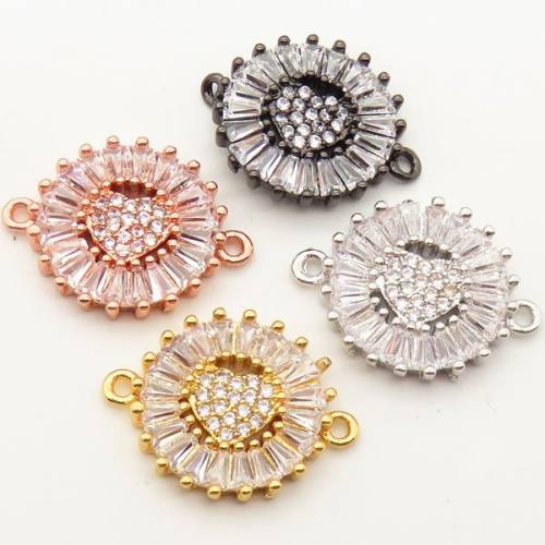 Brass Micro Pave Cubic Zirconia Links Connectors,Flat Round,Heart,Random mixed color,D:15mm,Hole:2mm,about 2 g/pc,5 pcs/package,XFCO00492baka-L002