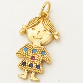 Brass Micro Pave Cubic Zirconia Turquoise Pendants,Girl,Random mixed color,20x13mm,Hole:4mm,about 1.5 g/pc,5 pcs/package,XFPC00001aajl-L002