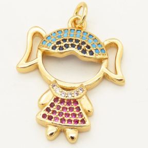 Brass Micro Pave Cubic Zirconia Turquoise Pendants,Girl,Random mixed color,H:20mm,Hole:4mm,about 2.5 g/pc,5 pcs/package,XFPC00006ablb-L002
