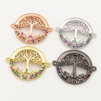 Brass Micro Pave Cubic Zirconia Links Connectors,Flat Round,Tree,Random mixed color,22mm,Hole:1.5mm,about 2.5g/pc,5 pcs/package,XFCO00502aakl-L002
