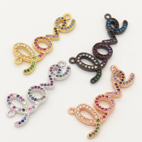 Brass Micro Pave Cubic Zirconia Links Connectors,LOVE,Random mixed color,14x33mm,Hole:1.5mm,about 2g/pc,5 pcs/package,XFCO00512aakl-L002