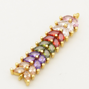 Brass Cubic Zirconia Links Connectors,Strip,Leaves,Random mixed color,9x35mm,Hole:1.5mm,about 4.5g/pc,5 pcs/package,XFCO00517vbnb-L002