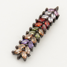 Brass Cubic Zirconia Links Connectors,Strip,Leaves,Random mixed color,9x35mm,Hole:1.5mm,about 4.5g/pc,5 pcs/package,XFCO00517vbnb-L002