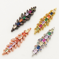 Brass Micro Pave Cubic Zirconia Links Connectors,Strip,Leaves,Random mixed color,11x34mm,Hole:1.5mm,about 2.5g/pc,5 pcs/package,XFCO00521ablb-L002