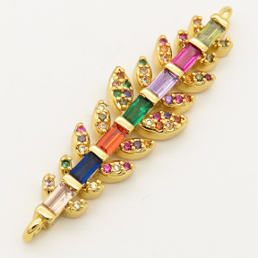 Brass Micro Pave Cubic Zirconia Links Connectors,Strip,Leaves,Random mixed color,11x34mm,Hole:1.5mm,about 2.5g/pc,5 pcs/package,XFCO00521ablb-L002