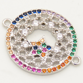 Brass Micro Pave Cubic Zirconia Links Connectors,Flat Round,Star,Random mixed color,19mm,Hole:1.5mm,about 2.5g/pc,5 pcs/package,XFCO00529aakl-L002